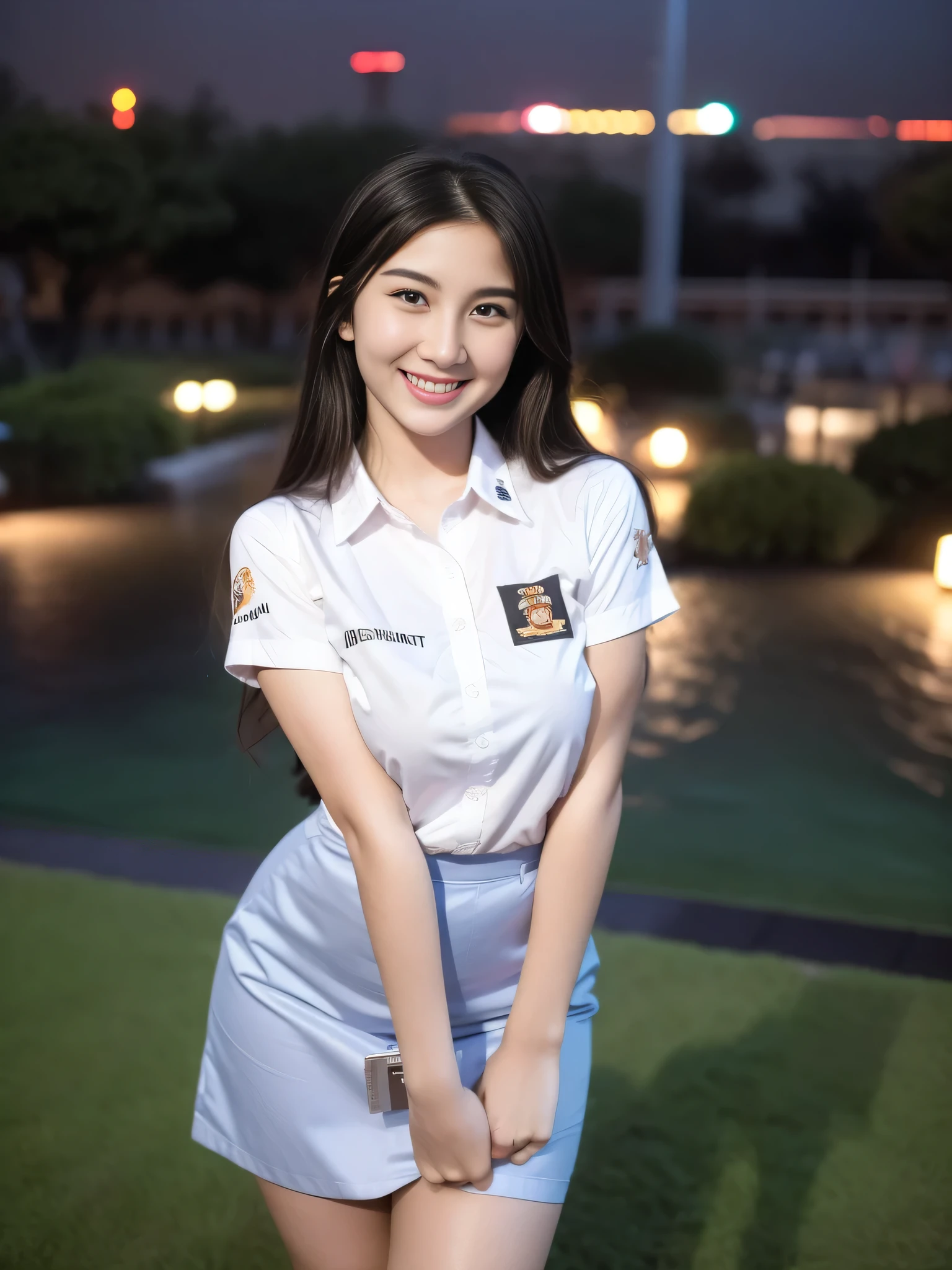 1girl, (uniform), standing, outdoors, night view, detailed Metropolitan city at the background, (Overhead view:1.2), (zoom out: 1.1), detailed face, cute little smile, detailed eyes, thick large breasts, smooth realistic skin, semi-curvy body, white shirt, grey blue short skirt, looking at the audience, (8k, RAW photo, best quality, masterpiece: 1.2), (realistic, realistic: 1.37), ultra-high resolution