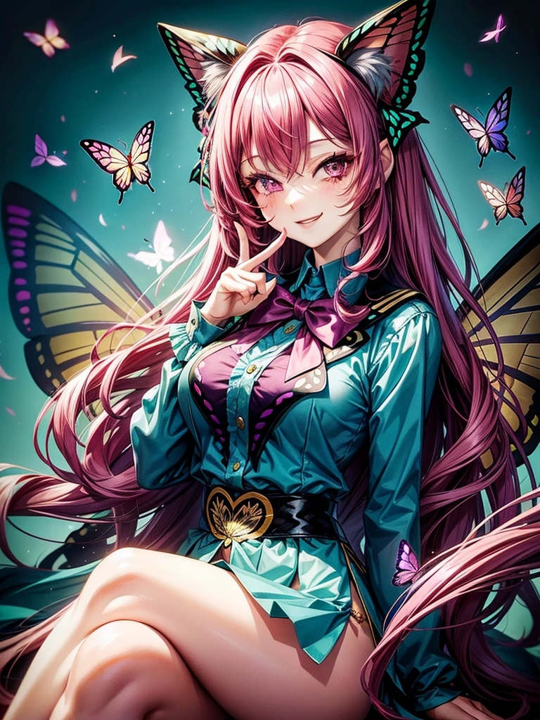 Magenta hair, magenta eyes, older woman, hair bows, cat ears, long hair, smiling face, ???? outfit, butterflies, teal and gold outfit, butterfly background, uniform top