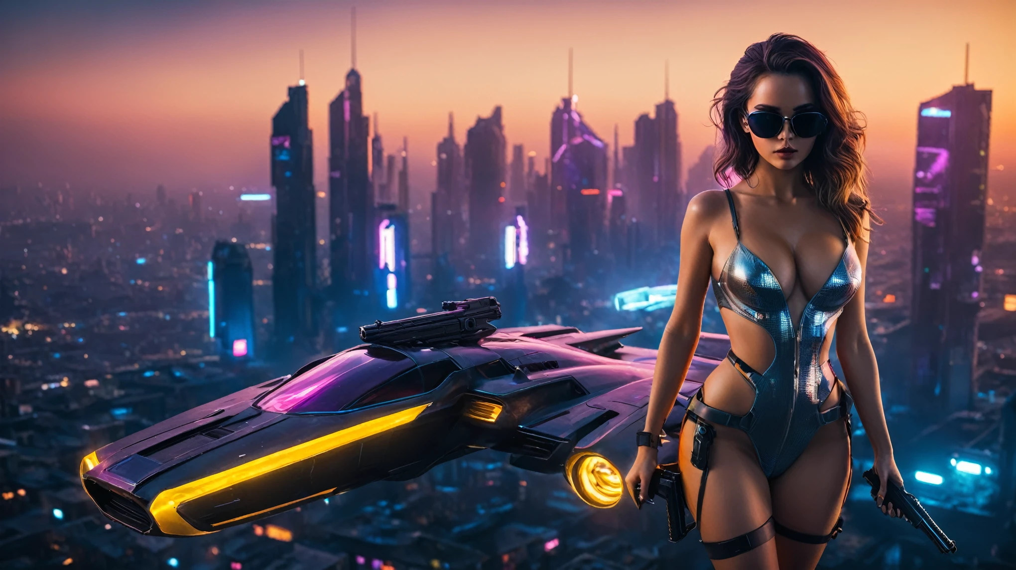 (aerial view, a flying cars docking platform, a very dark abandoned futuristic city, neon lights). 1girl, solo, alone, large-breast:1.2 slim body, cleavage:1.1, sexy dress:1.4, (black sunglasses), ((holding a pistol)), half-body thigh level medium shot, cinematic lighting, lens flare, ray tracing.