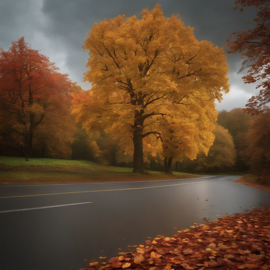 autumn landscape, lush green foliage, vibrant yellow, orange and red leaves, strong wind and rain, leaves blowing off trees, fallen leaves on the ground, overcast sky, dark cloudy clouds, (best quality,4k,8k,highres,masterpiece:1.2),ultra-detailed,(realistic,photorealistic,photo-realistic:1.37),detailed landscape, stunning autumn scenery, dramatic weather, nature's beauty, vivid colors, atmospheric lighting, cinematic composition, serene environment, tranquil mood