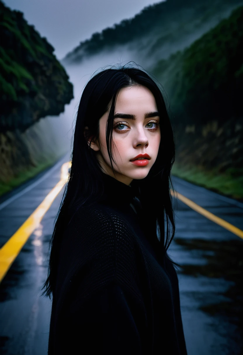 billieeilish, 長いBlack Hair, Modern photography,, beautiful, reveal, Charm, Charm, Affectionate, Ultra-realistic, Very detailed, beautiful girl, ((Detailed eyes)), Long eyelashes, (Glossy Lips), Standing on a narrow dark road, Fog in the background, Pitch Black Night, Cloudy, alone、sad、Hopeless、Dark background、((Dark roads))、There is not a single streetlight、Really dark background、In the ruins、(Black Hair)、Wearing a plain black knitted outfit、Wearing jeans。Plain simple clothes,Solid black clothes