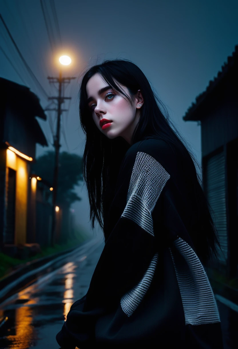 billieeilish, 長いBlack Hair, Modern photography,, beautiful, reveal, Charm, Charm, Affectionate, Ultra-realistic, Very detailed, beautiful girl, ((Detailed eyes)), Long eyelashes, (Glossy Lips), Standing on a narrow dark road, Fog in the background, Pitch Black Night, Cloudy, alone、sad、Hopeless、Dark background、((Dark roads））、There is not a single streetlight、Really dark background、In the ruins、(Black Hair)、Wearing a plain black knitted outfit、Wearing jeans。Plain simple clothes,Solid black clothes