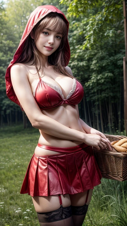 4K, realistic,very detailed,((big breasts))、18 years old、((smile))、(Little Red Riding Hood in bikini style)、(Medieval clothing)、(short skirt)、Thigh high stockings、(Carrying a basket of bread and wine)、meadow、((delicate painting)),(Detailed RAW photos of the girls), (Masterpiece:1.25), (Highest quality:1.6), (Ultra high resolution:1.5), (realistic:1.75), 8K resolution,:1.6), Canon EOS R5, 50mm,very detailedな,movie theater lighting