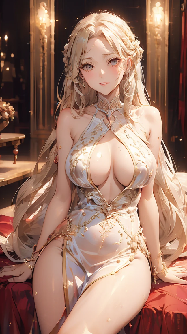 beautiful girl、Perfect body、Beautiful and bountiful ???????、Long blonde hair、((embellished ???? dress))、((I'Is tempting you)),Glamorous Body,Backlight,Shiny Hair,Shiny Skin,Realistic Flesh,The bite is clear,Plump thighs,Stylish clothes,Stylish accessories,Stylish hairstyle,Dynamic Angle,Dynamic Pose,?????? ????????,See-through,Backlight,Curly hair,