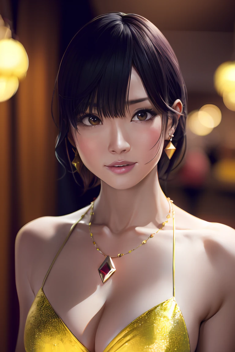 nagisa,  ultra realistic 8k cg, flawless, masterpiece, solo, 1girl, casino, rich, night dress, cutout, necklace, earring, golden, face focus, gleaming skin, elbow gloves, cleavage, shiny dress