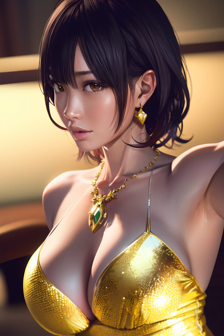 nagisa,  ultra realistic 8k cg, flawless, masterpiece, solo, 1girl, casino, rich, night dress, cutout, necklace, earring, golden, face focus, gleaming skin, elbow gloves, cleavage, shiny dress