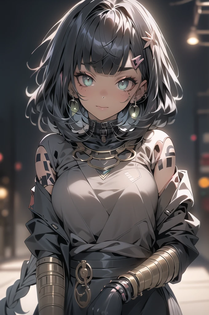 Goth_punk, One girl, robot, alone, Medium Shot, Walking around Harajuku, ((at night:1.2)), Bokeh, Neon Light, (Colorful background:1.2), Rainbow Eyes, Starry Sky, 白いShiny Hair, White eyebrows, Shiny Hair, (Iridescent white hair), Earrings, bangs, jewelry, mask, blunt bangs, Green Eyes, mouth mask, Blurred background, Blurred, hair ornaments, Looking at the audience, short hair, Portraiture, Side Lock,In a completely different expression。
