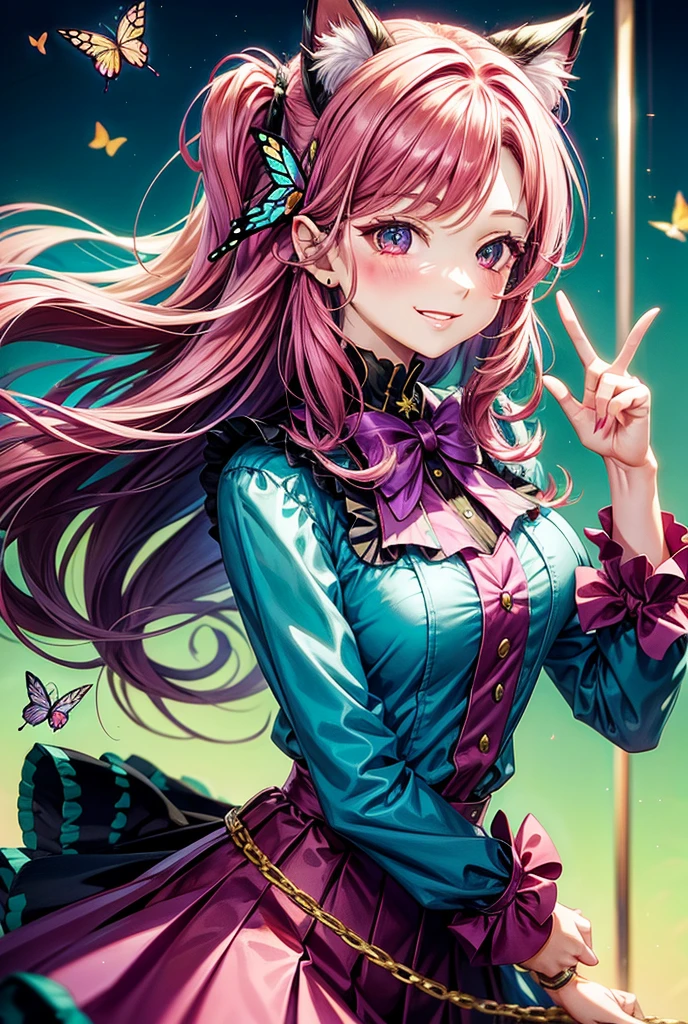 Magenta hair, hazel eyes, older woman, hair bows, cat ears, long hair, smiling face, sexy outfit, butterflies, teal and gold outfit, butterfly background, uniform top