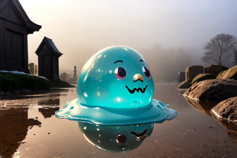 (Slime), grotesque、emits red light、Bluish-black、触手のあるSlimeが、In a foggy graveyard、Catching prey。Shining eerily with the reflection of light