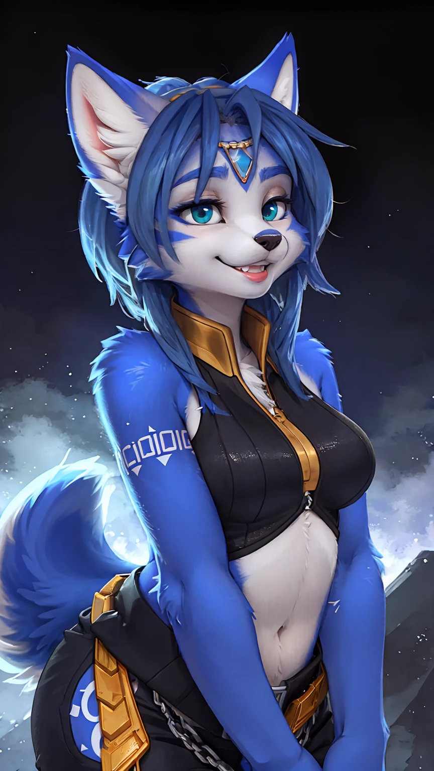 A beautiful and detailed (sweet portrait) wa ((krystal)), Star Fox krystal, sslim, lovable, green eyes, medium breasts, (((Long blue hair 1.3))), Decollete, grin, look up,, anthro, furry, Uploaded E621, detailed fluffy fur, (wa Fluff-Kevlar, Bayard Wu, personalize me, Pino Daeni), detailed face, (fluffy), 1 girl, alone, sweet girl, 
