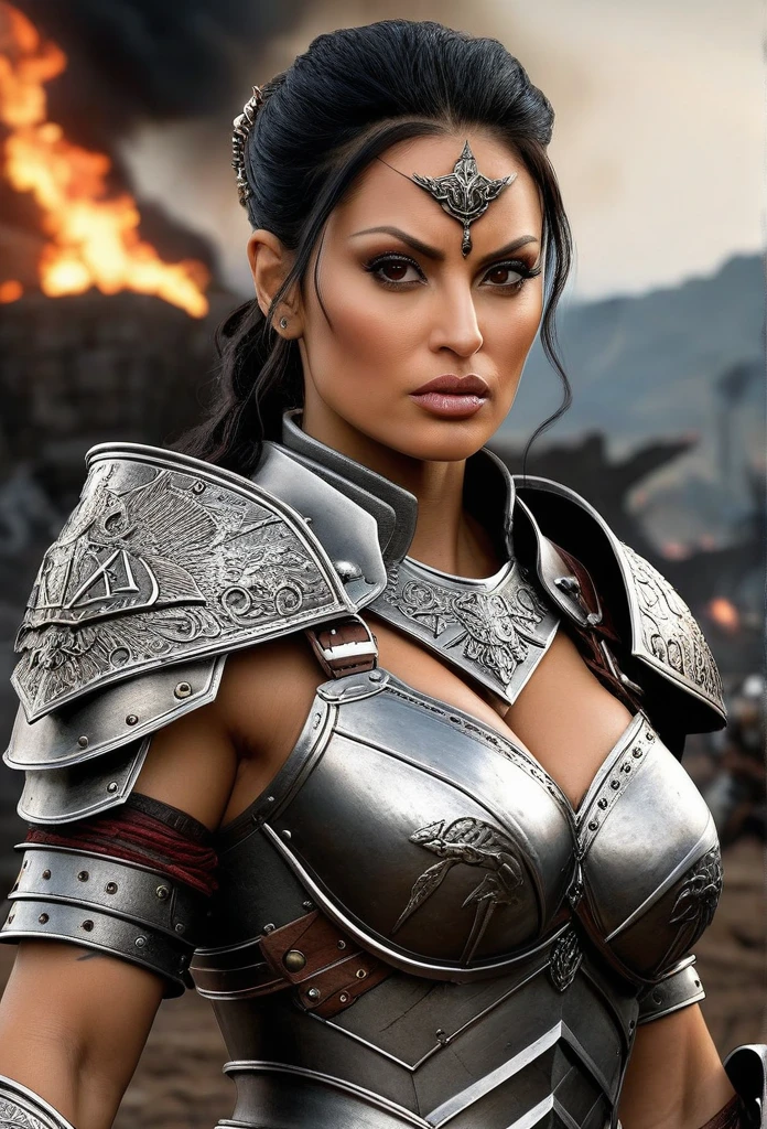 Generate a realistic portrayal of Ava Adams as a fearsome warrior in a mythical realm. Massive breasts, excessive cleavage, Ultra-highly detailed_realistic rendering. Clad in intricately crafted armor that complements her full-body tattoo, she exudes strength and power. With a gleaming sword in hand, Ava stands ready to defend her kingdom against any threat. The backdrop of the scene is a sprawling battlefield, where the clash of steel echoes through the air, and the flames of war rage on the horizon.