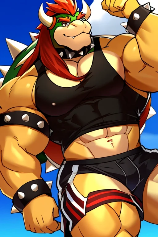 Muscular Bowser, Long hair, black open cut sleeveless gym shirt, shorts negros 