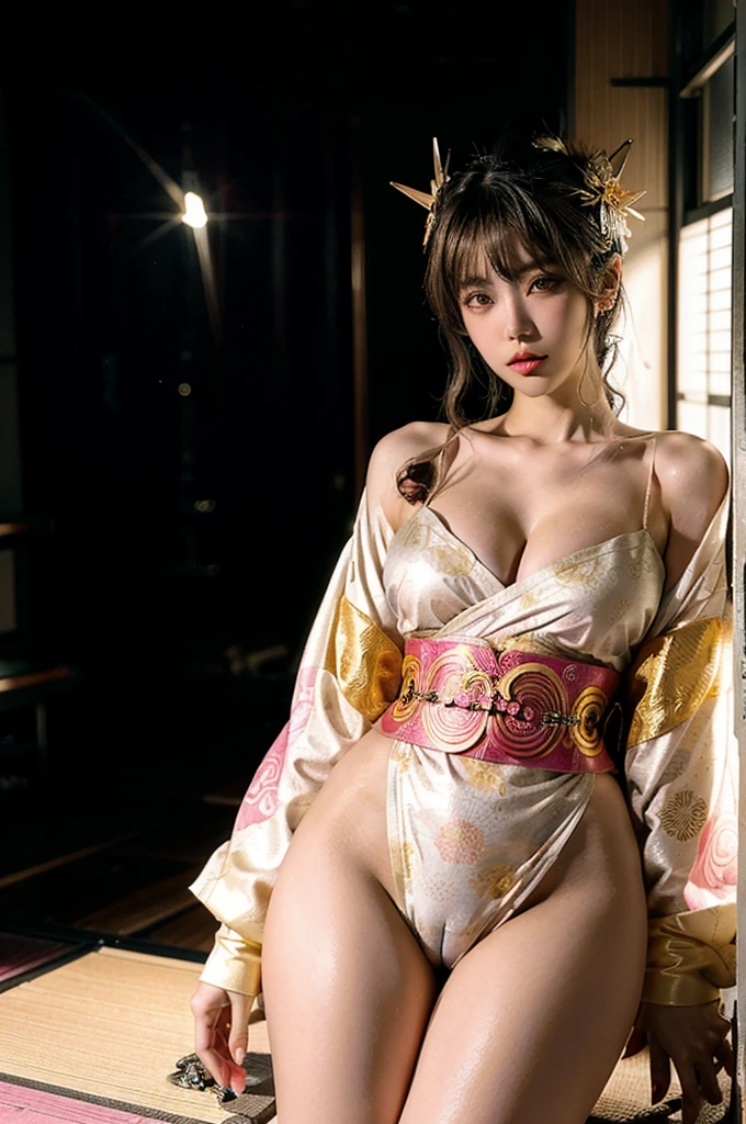 Japanese cyberpunk high fashion of Oiran kimono cool girl, white kimono, cyberpunk, gold color, full body standing, the big breasts、Round thighs:1.0、camel toe:1.2 (Dynamic light and shadow, High resolution, Sharp focus, Depth of written boundary), against bright pink background, nsfw