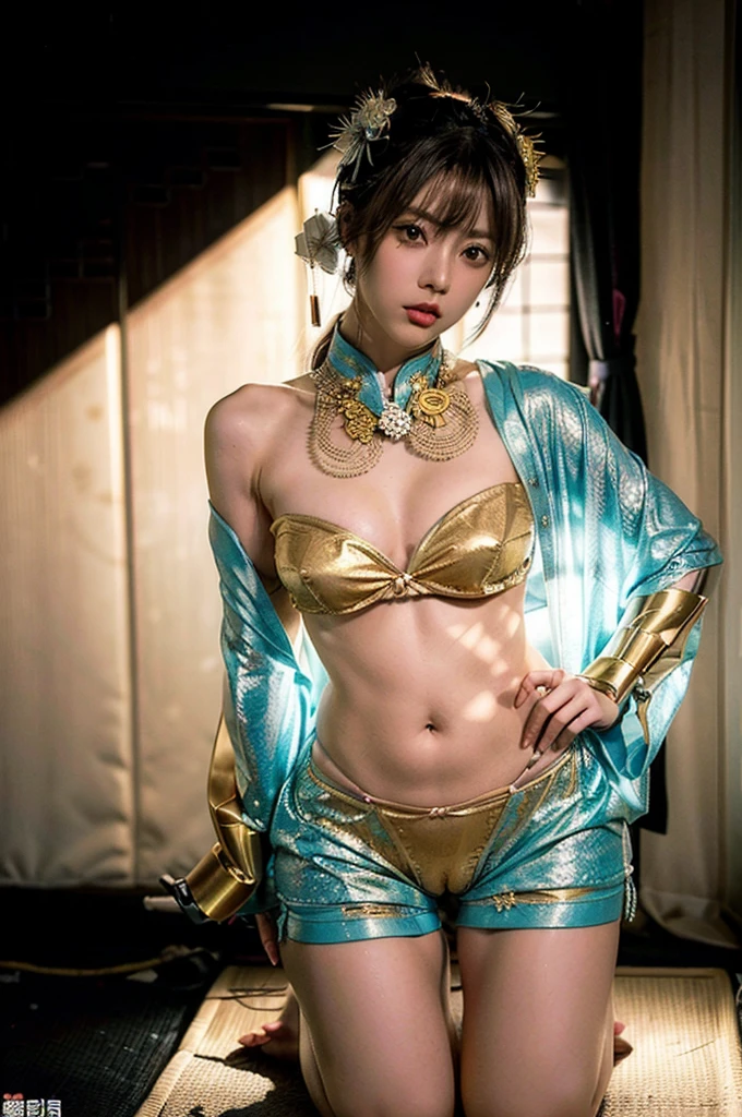 Japanese cyberpunk high fashion of Oiran kimono cool girl, white kimono, cyberpunk, gold color, full body standing, the big breasts、Round thighs:1.0、camel toe:1.2 (Dynamic light and shadow, High resolution, Sharp focus, Depth of written boundary), against bright pink background, nsfw