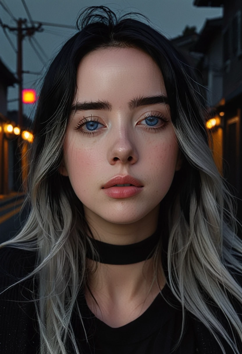 billieeilish, 長いBlack Hair, Modern photography,, beautiful, reveal, Charm, Charm, Affectionate, Ultra-realistic, Very detailed, beautiful girl, ((Detailed eyes)), Long eyelashes, (Glossy Lips), Standing on a narrow dark road, Fog in the background, Pitch Black Night, Cloudy, alone、sad、Hopeless、Dark background、((Dark roads））、There is not a single streetlight、Really dark background、In the ruins、(Black Hair)、Wearing a plain black knitted outfit、Wearing jeans。Plain simple clothes,Solid black clothes