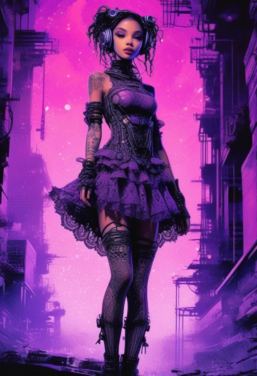 drawix9 cyborg girl, ink, cinematic, expressive, very detailed, lace dress and stockings, ambient purple and pink light