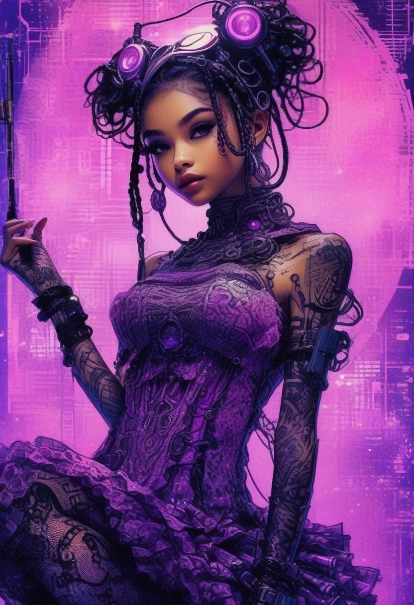 drawix9 cyborg girl, ink, cinematic, expressive, very detailed, lace dress and stockings, ambient purple and pink light