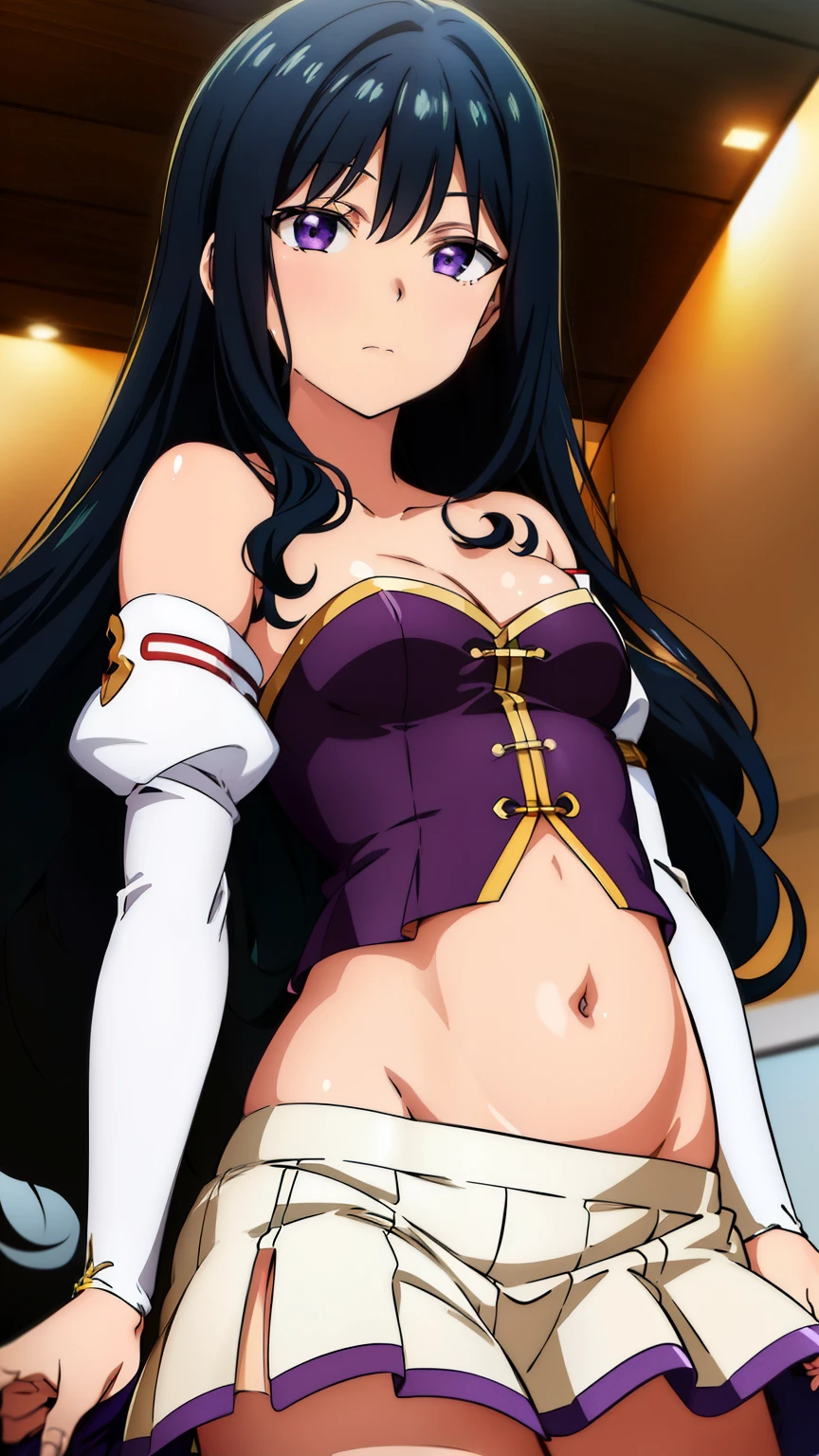 (masterpiece, best quality, high resolution, 8k:1.2),anime art style, nozaki yuu,anime, girl1people, small breasts, (narrowed eyes, eyes half-closed, jitome, rolling eyes :1.2),(eye light: 1.2),closed mouth, blue hair, very long hair, (wavy hair:1.2), purple eyes, beautiful eyes, highly detailed face, Detailed CG, expressionless, solo,((tube top, cleavage, underbust, purple tube top, strapless, belly button, midriff, mini skirt, bare shoulders, detachable sleeves, white knee socks)), standing, looking at the viewer, in the center of the image, dynamic poses, dynamic angles,
