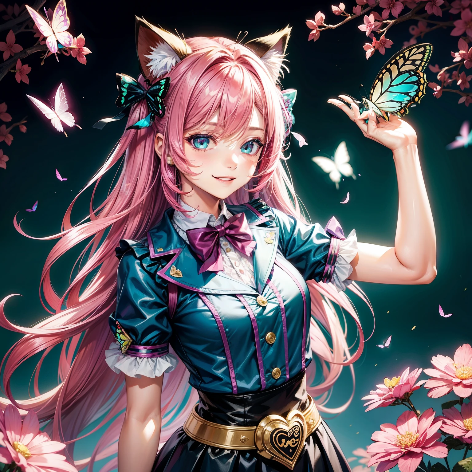 Magenta hair, pretty eyes, older woman, hair bows, cat ears, long hair, smiling face, sexy outfit, butterflies, teal and gold outfit, butterfly background, uniform top