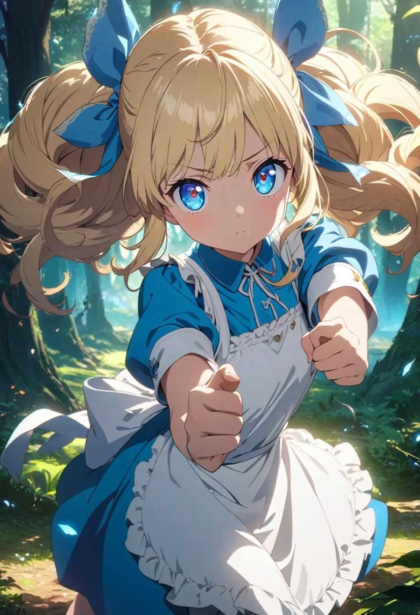 a girl, Clear face, semi long, blonde, blue eyes, radiant eyes, big eyes, big hair ribbon, blue dress with white apron, cute, beautiful, fantasy, light atmosphere, mystical atmosphere, in a bright and colorful world, anime, hard-edged, best quality, insanely detailed, exquisite, beautiful, Full-HD, 16K, highres, aiming at viewer, sunlight, dramatic lighting, best light, dynamic lighting, Dynamic Action Poses for Battle Scenes, Fighting stance, in the classic forest, Fluttering playing cards, Alice in the wonderland, 