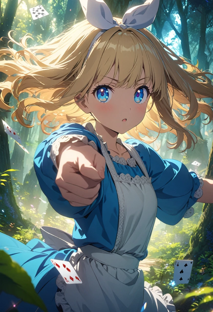 a girl, Clear face, semi long, blonde, blue eyes, radiant eyes, big eyes, big hair ribbon, blue dress with white apron, cute, beautiful, fantasy, light atmosphere, mystical atmosphere, in a bright and colorful world, anime, hard-edged, best quality, insanely detailed, exquisite, beautiful, Full-HD, 16K, highres, aiming at viewer, sunlight, dramatic lighting, best light, dynamic lighting, Dynamic Action Poses for Battle Scenes, Fighting stance, in the classic forest, Fluttering playing cards, Alice in the wonderland, 