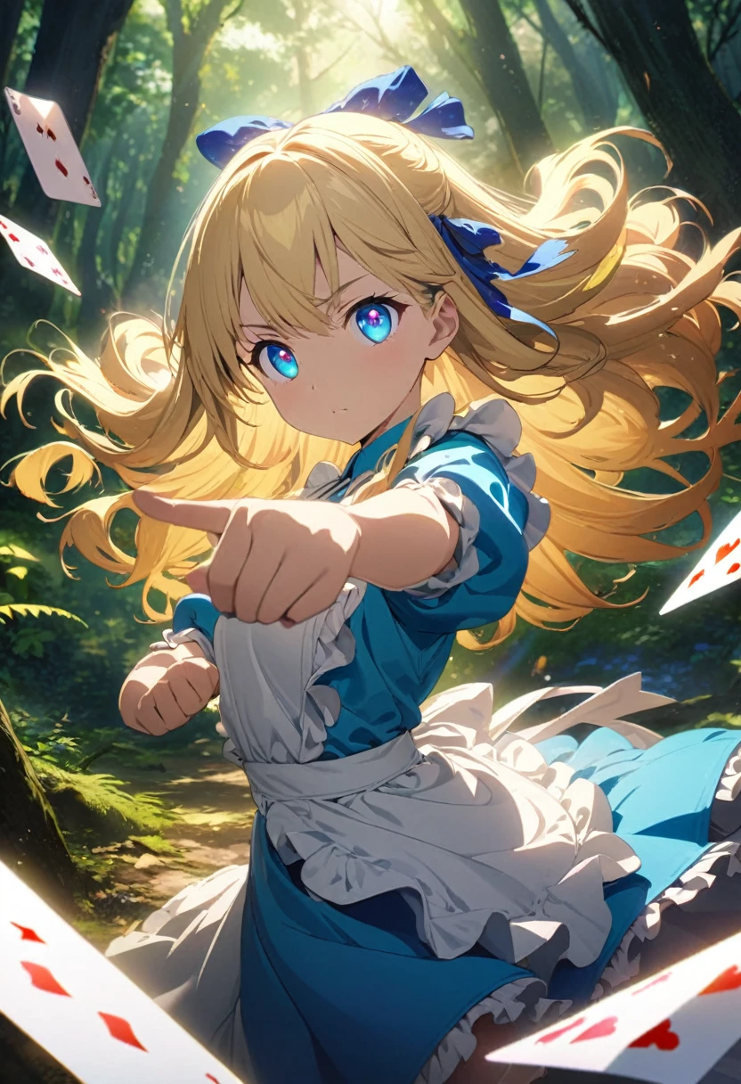 a girl, Clear face, semi long, blonde, blue eyes, radiant eyes, big eyes, big hair ribbon, blue dress with white apron, cute, beautiful, fantasy, light atmosphere, mystical atmosphere, in a bright and colorful world, anime, hard-edged, best quality, insanely detailed, exquisite, beautiful, Full-HD, 16K, highres, aiming at viewer, sunlight, dramatic lighting, best light, dynamic lighting, Dynamic Action Poses for Battle Scenes, Fighting stance, in the classic forest, Fluttering playing cards, Alice in the wonderland, 