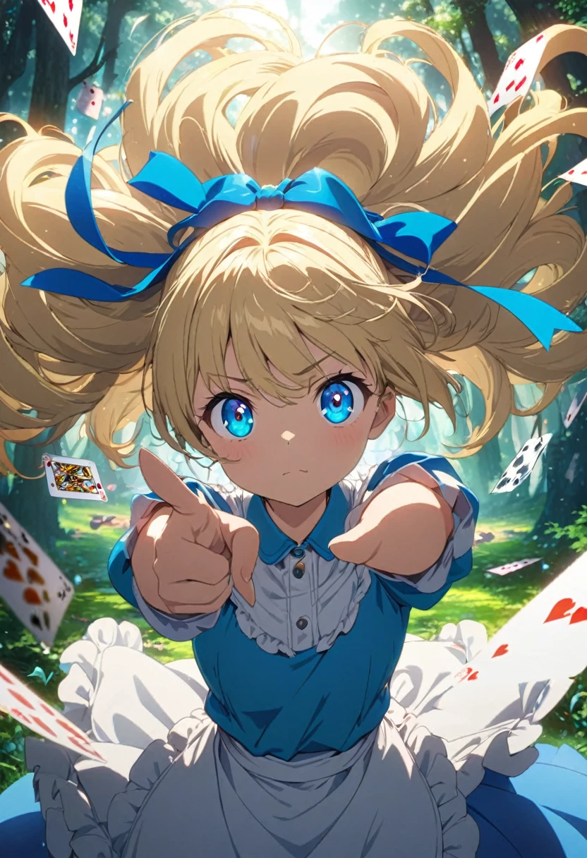 a girl, Clear face, semi long, blonde, blue eyes, radiant eyes, big eyes, big hair ribbon, blue dress with white apron, cute, beautiful, fantasy, light atmosphere, mystical atmosphere, in a bright and colorful world, anime, hard-edged, best quality, insanely detailed, exquisite, beautiful, Full-HD, 16K, highres, aiming at viewer, sunlight, dramatic lighting, best light, dynamic lighting, Dynamic Action Poses for Battle Scenes, Fighting stance, in the classic forest, Fluttering playing cards, Alice in the wonderland, 