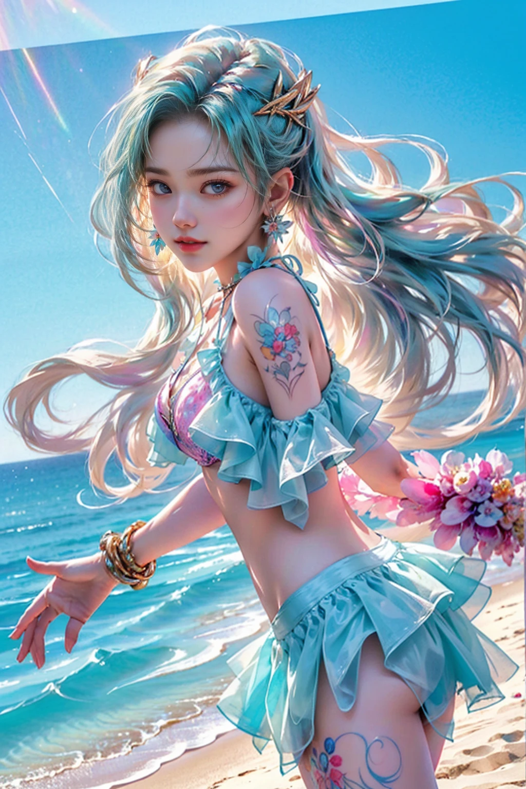 ((Finest quality)),(超A high resolution),(ultra-detailliert),(Meticulous portrayal),((Best Anime)),(Finest works of art),(Ultra-Precision Art),(The art of astounding depiction,Overwhelming depiction:1.5),(intricate and detailed art:1.6), (1 adult female:1.5),Bikini type swimsuit:1.8,(colourful hair:1.6),Clear facial features:1.5,Slender Body 1.8, (A beach that stretches far into the distance:1.8),hot wind:1.3,Strong sunshine:1.3