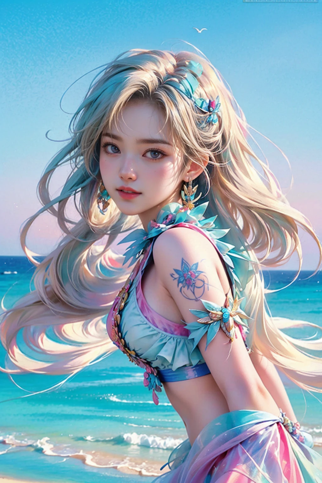 A stunning fashion portrait featuring a 24-year-old woman exuding confidence and uniqueness. Her captivating violet eyes sparkle with mischief and intelligence, while her hair, a colorful kaleidoscope, shifts in the sunlight. Intricate tattoos adorn her body, each telling a story or reflecting her vibrant personality. She confidently wears a trendy ?????? that accentuates her curves and showcases her ink against a backdrop of a breathtaking beach scene. Blue skies, white sand, and turquoise waters create a serene atmosphere. Her infectious smile radiates as she basks in the sun and enjoys the sea breeze. This cinematic, portrait photography masterpiece embodies the spirit of living life to the fullest with fashion, portrait photography, photo, and conceptual art elements., conceptual art, vibrant, portrait photography, photo, cinematic, fashion