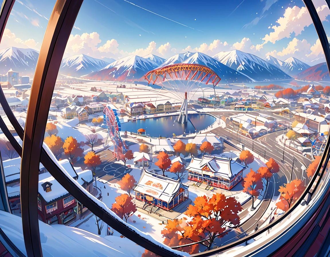 The scenery outside the window of the gondola at the top of the Ferris wheel, distant view, outside the amusement park is a residential area, mountains can be seen in the distance, amusement park,It is late autumn and snow is falling here and there.