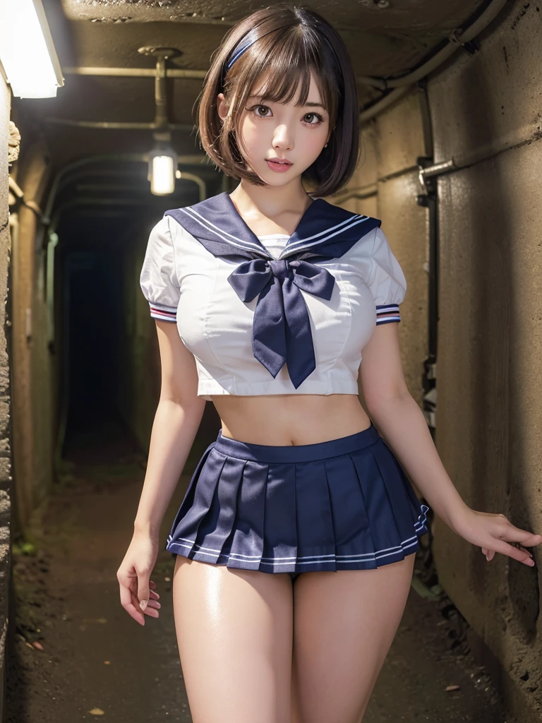 ,(Best Quality,8K,High resolution,realistic pictures:1.2),(cute girls,one girls,gravure idols),18-year-old,bob cut,Blunt bangs,thin waist,shiny skin,(sailor uniform,very short pleated miniskirt:1.3),(night time,In the underground passages:1.2),panty shot,Looking at viewer,terrified