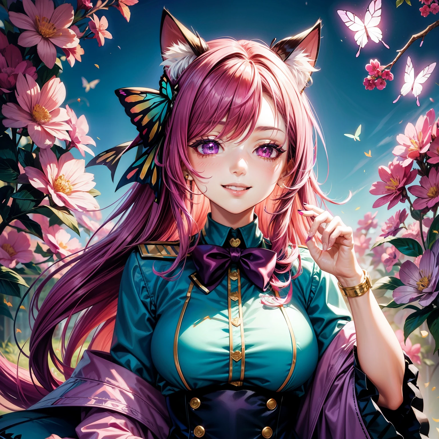 Magenta hair, magenta eyes, older woman, hair bows, cat ears, long hair, smiling face, sexy outfit, butterflies, teal and gold outfit, butterfly background, uniform top