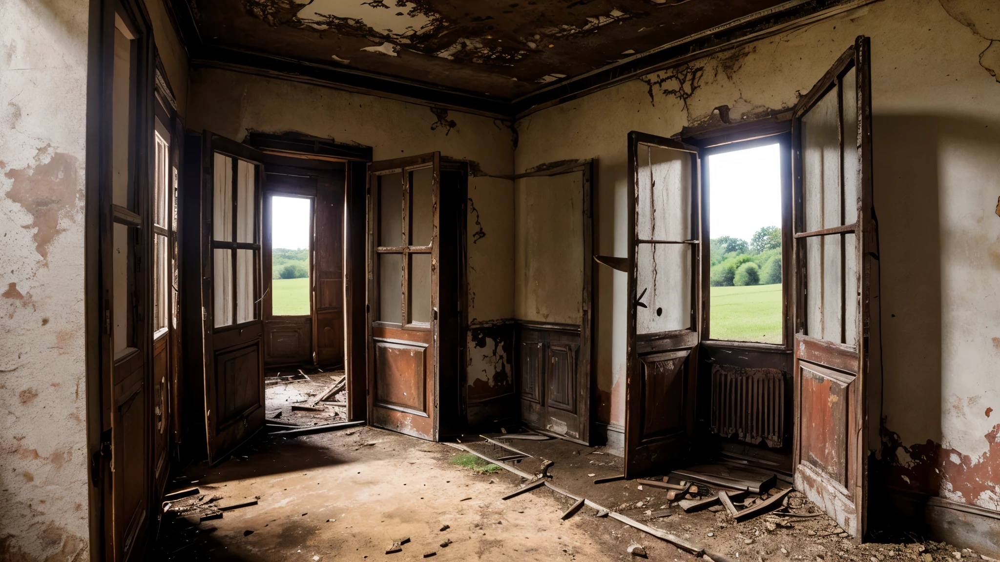 A dilapidated, old mansion in the countryside with rusty walls and creaky doors.