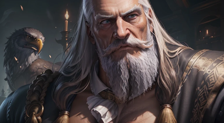 (best quality,4k,8k,highres,masterpiece:1.2),ultra-detailed,realistic,old-time man,(long hair:1.1),(strong:1.1),(Samson:1.1),(retro attire:1.1),(detailed facial features:1.1),(beard:1.1),(ancient:1.1),(historical setting),(imposing figure),(serious expression),(powerful build),(impressive physique),(voluminous straight hair),(wise and experienced eyes),(aged face),(bearded chin),(strong jawline),(bronze skin),(focused look),(timeless appearance),(majestic pose),(antique background),(low-key lighting),(sepia tone), black skin, dark olive skin color, blue eyes, nose with pronounced bridge and outward curve that protrudes from the base of the nose, oiled skin, absurdly huge nose, hawk nose, big old man nose, concave nose, well groomed moustache, (80 years old daddy), enormous nose, eagle like nose, veins, sharp well groomed beard
