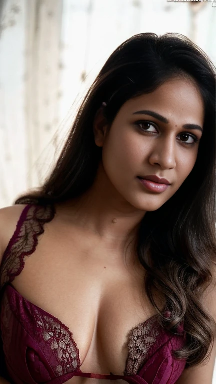 lavanya , closeup face, potrait, face close up, ((lace lingerie)), in bedroom, ultrarealsitic, body closeup, close up body shot, cleavage and navel, milf, looking at viewer, masterpiece, ultrarealistic, ((very fair skin tone)), free shaggy hair, high quality