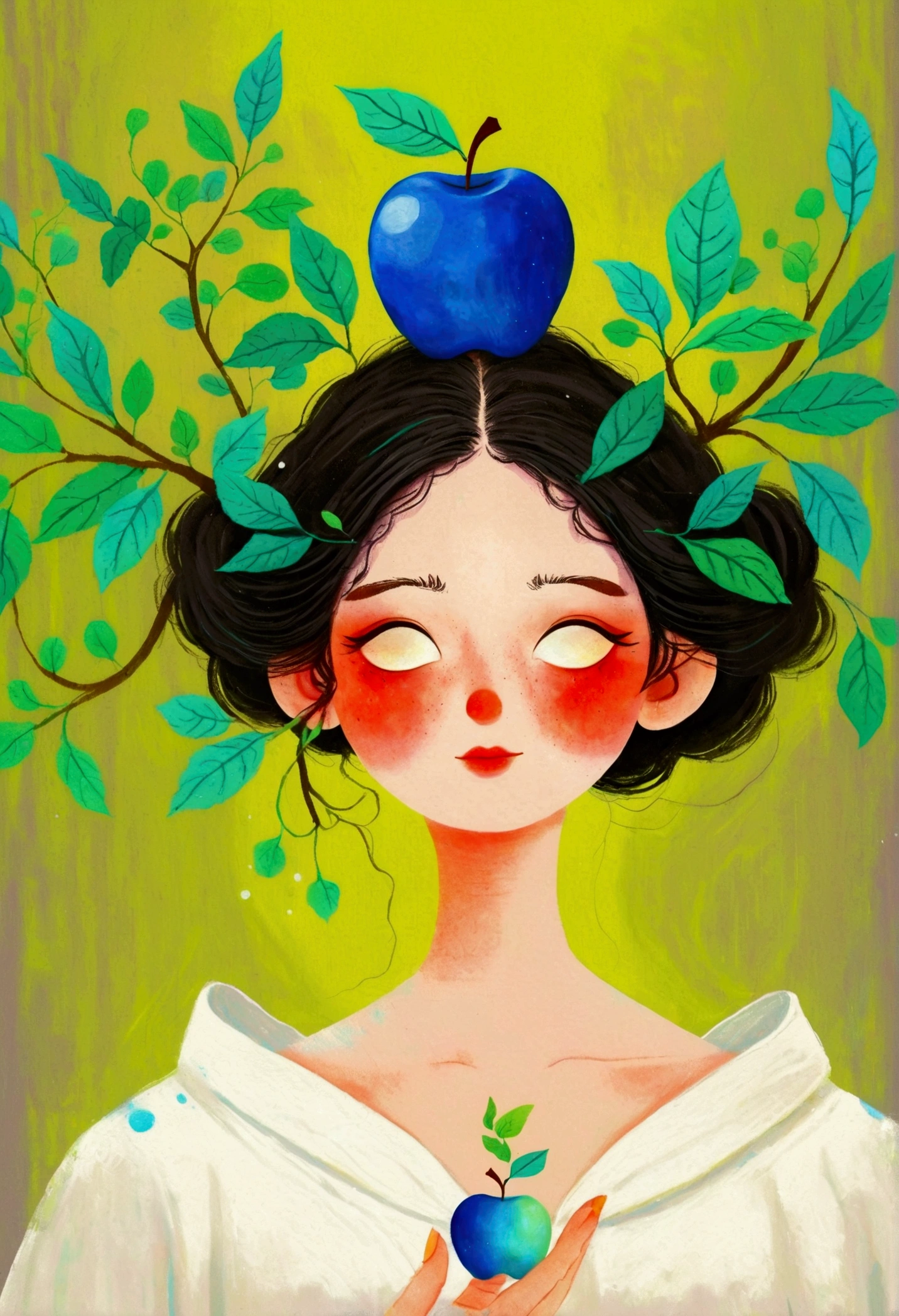 A painting shows a woman with a blue apple on her head, Jin Nong's Surrealism, Winner of the Behance competition, Pop surrealism, Color illustrations, A beautiful artistic illustration, Colorfull illustration, Pop surrealism art style, Digital illustration style, Fantasy illustrations, Illustration Art, Magical surrealism, Digital fantasy illustration, Pop surrealism lowbrow art style