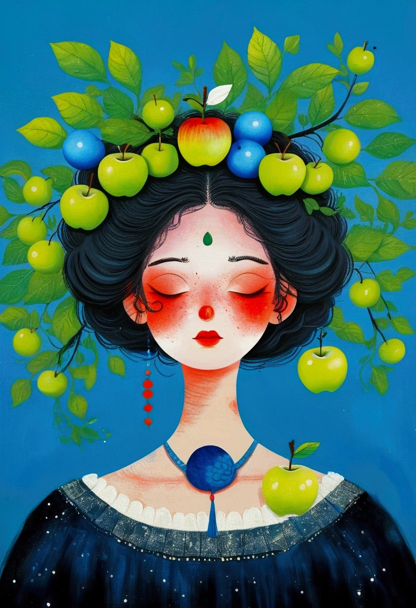 A painting shows a woman with a blue apple on her head, Jin Nong's Surrealism, Winner of the Behance competition, Pop surrealism, Color illustrations, A beautiful artistic illustration, Colorfull illustration, Pop surrealism art style, Digital illustration style, Fantasy illustrations, Illustration Art, Magical surrealism, Digital fantasy illustration, Pop surrealism lowbrow art style