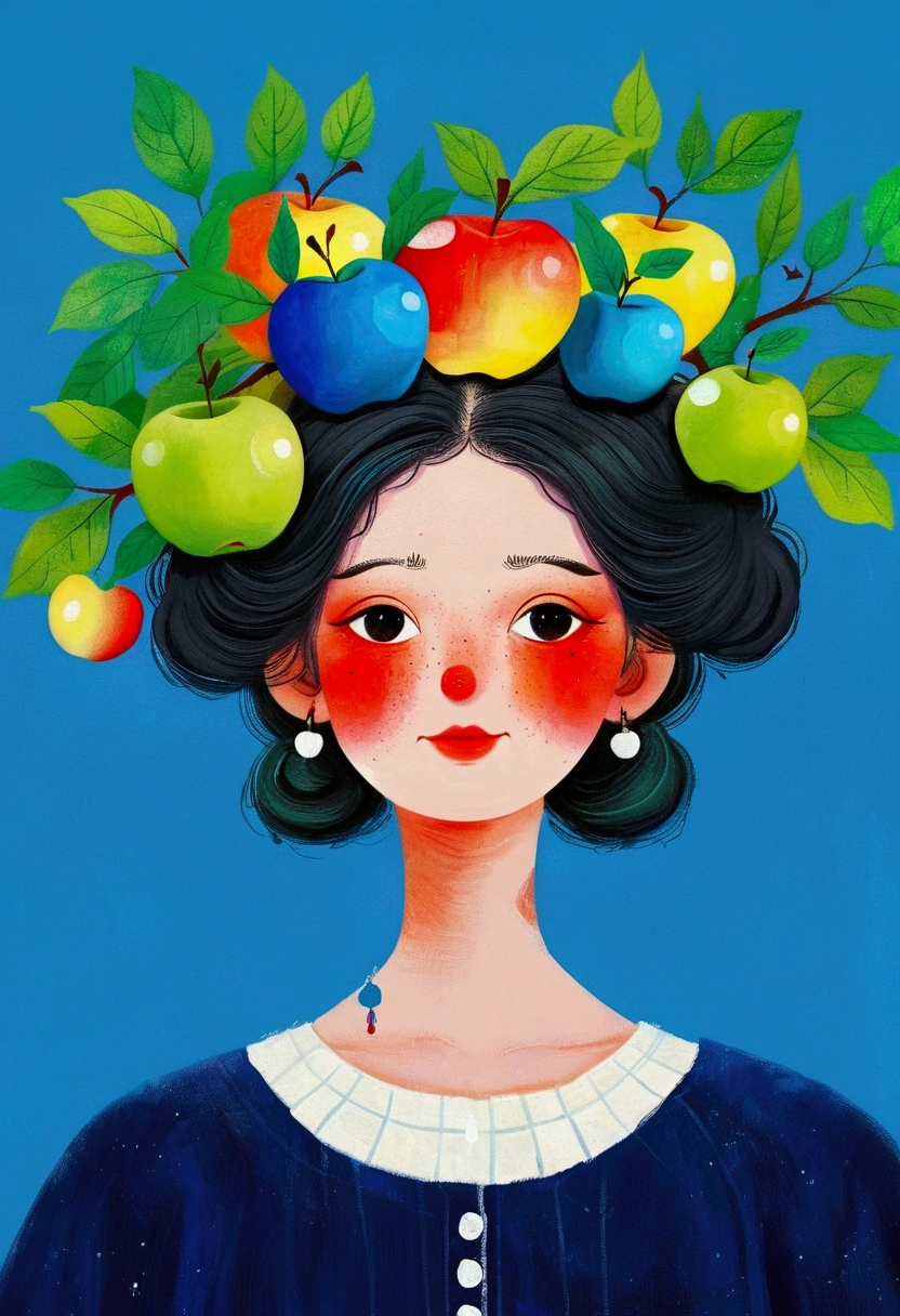 A painting shows a woman with a blue apple on her head, Jin Nong's Surrealism, Winner of the Behance competition, Pop surrealism, Color illustrations, A beautiful artistic illustration, Colorfull illustration, Pop surrealism art style, Digital illustration style, Fantasy illustrations, Illustration Art, Magical surrealism, Digital fantasy illustration, Pop surrealism lowbrow art style