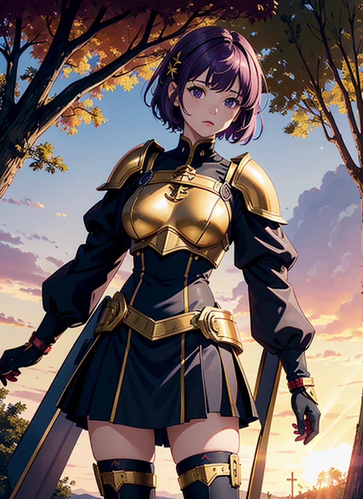 1 girl solo, short purple hair, dark brown eyes, red head Ribbon, she wears knight armor, with golden breastpiece, golden shoulder pads, black skirt, with armored leggings, shes standing in a field by a giant tree, sunset, virbant, god rays