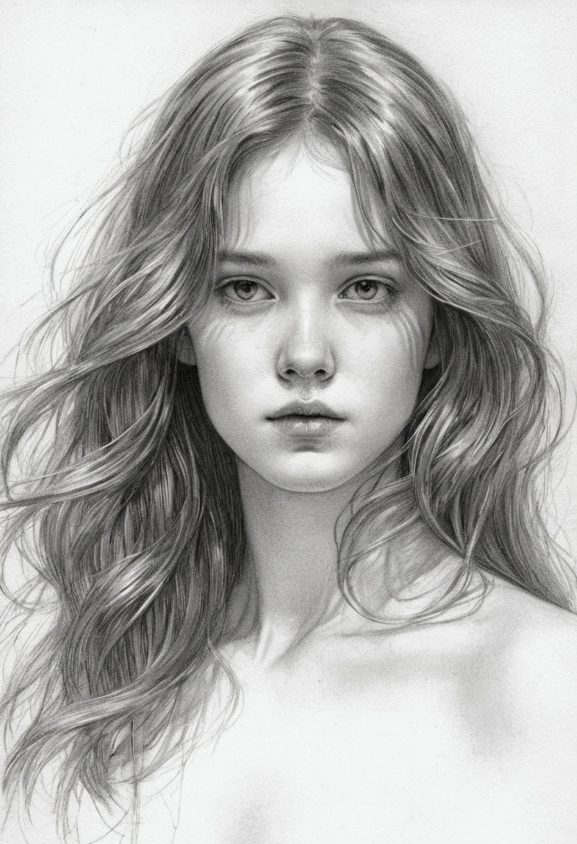 A delicate, graphite nude drawing shows a naked medival healer girl, her features rendered in subtle shading and precise lines. The framing is tight, focusing attention on the subject's serene face. Soft, feathery strokes convey the gentle texture of her hair, while the delicate curve of her neck is emphasized by the pencil's softness. The overall mood is contemplative, as if the woman is lost in thought.