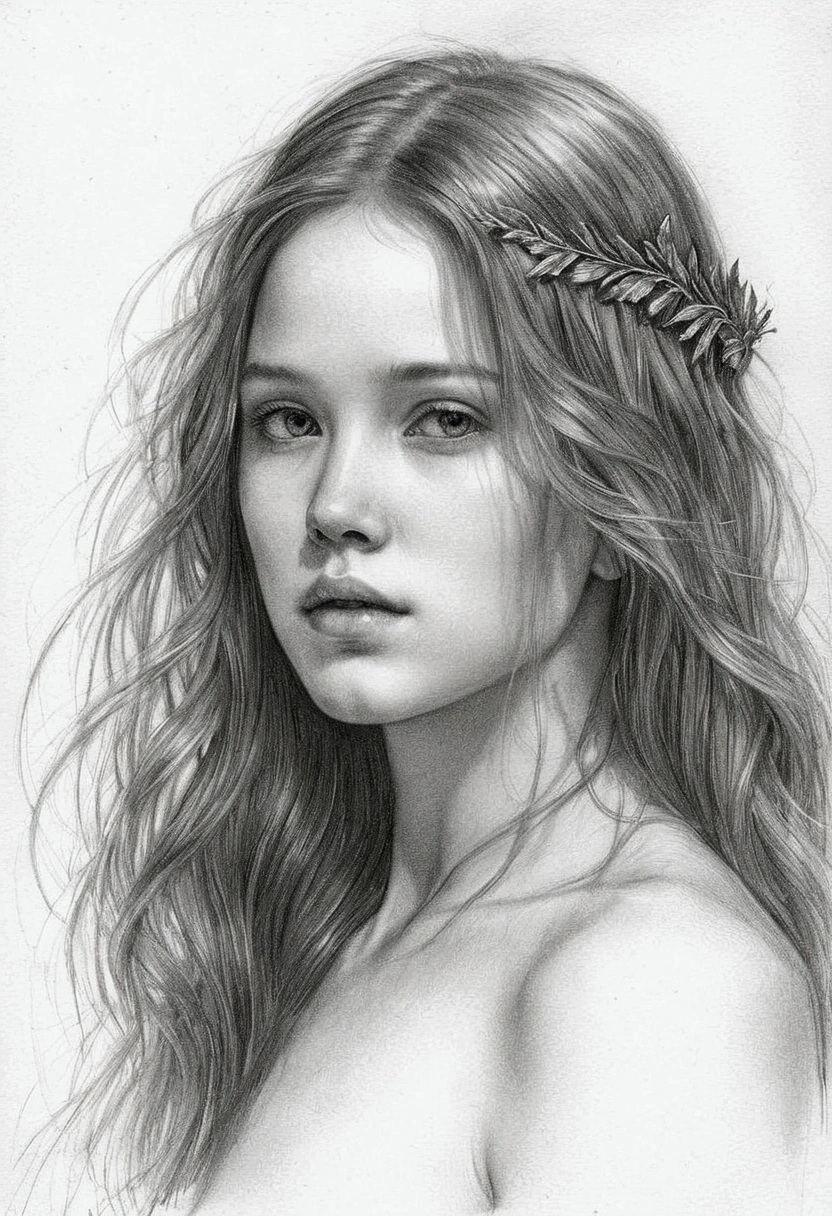 A delicate, graphite nude drawing shows a naked medival healer girl, her features rendered in subtle shading and precise lines. The framing is tight, focusing attention on the subject's serene face. Soft, feathery strokes convey the gentle texture of her hair, while the delicate curve of her neck is emphasized by the pencil's softness. The overall mood is contemplative, as if the woman is lost in thought.