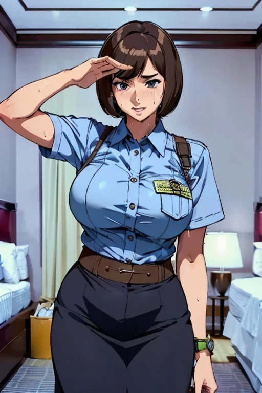(masterpiece:1.2, Best quality:1.2, Beautiful:1.1, High quality, 4K:1.1, aesthetic), detailed, extremely detailed, ambient soft lighting, irreproachable, hires, mature woman, lips, long eyelashes, Jill Valentine, short brown hair, Black fingerless gloves, Blue eyes, beret, It has, blush, big breasts, short sleeves, trousers, police uniform, blue skirt, blue shirt, naked, pussy крупным планом, pussy