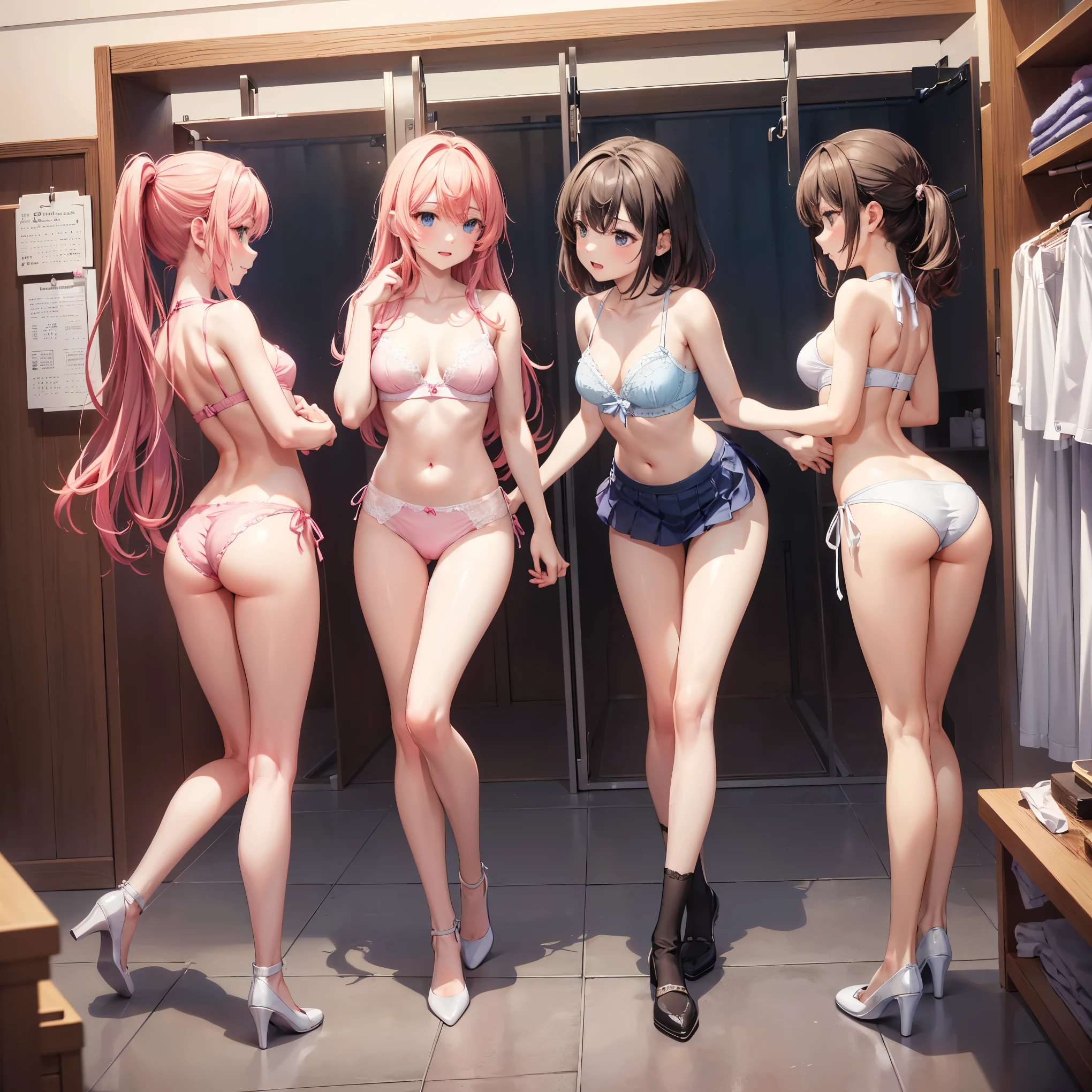 (((masterpiece, Highest quality, High resolution, 超High resolution, Perfect Pixel, Depth of written boundary, 4K, RTTX 10.0))), Beautiful Anime Woman, Beautiful art style, Anime characters, ((Smooth texture, Realistic texture, Anime CG Style)), Exact finger count、Exact number of legs、(Exact number of arms:1.0, Exact number of hands:1.0), (Perfect hands, Perfect Anatomy), Cinematic, Realistic, Extremely detailed CG, Daytime lighting, Perfect lighting, Best Shadow, The best natural light, whole body, Perfect body, バランのとれたPerfect body, Perfectly balanced style, (Slender body:1.2), Small face, ((bangs, Various hairstyles, Stylish hairstyle)), ((Rear view of three cute adult women chatting and changing in a changing room:1.8)), ((Sexy and cute white underwear, Sexy and cute light blue underwear, Sexy and cute pink underwear, vivid colored underwears:1.3), (Stylish shiny satin panties, Side-tie panties, Panties with lace trim:1.3), (Knee socks:1.3), loafers:1.3), (School changing room, locker room:1.5), naked, In underwear, whole body, All three are the same height, Accurate perspective, (Taking pictures secretly:1.3)