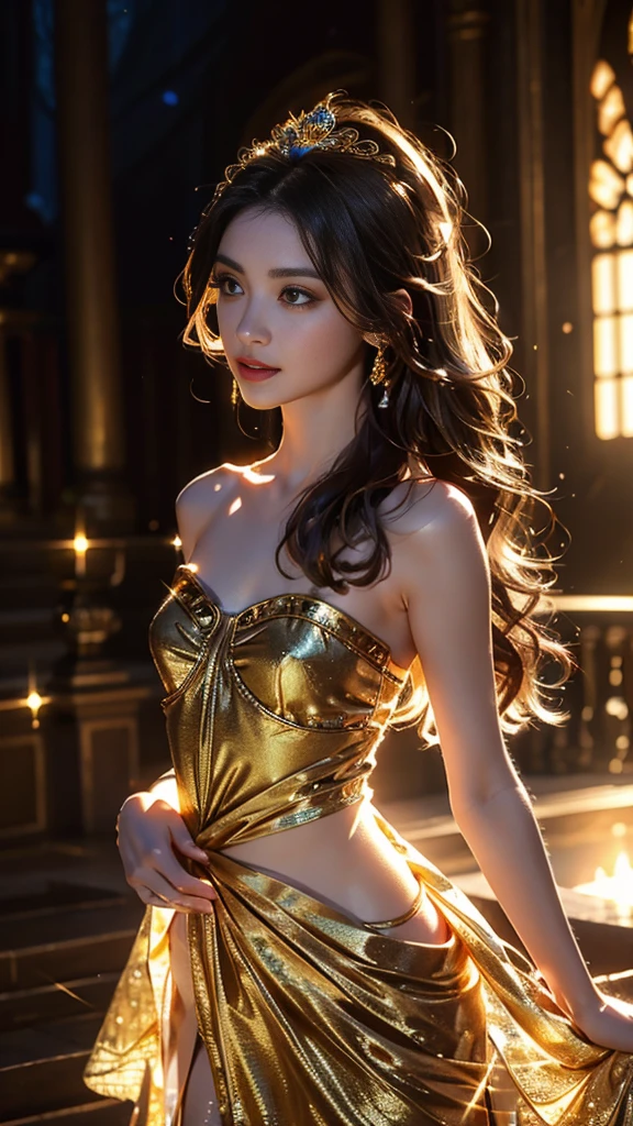 8K, UHD, Masterpiece, extreme quality, 1 girl, good face, detailed eyes, very long hair, detailed lips, small breasts, detailed empress fantasy dress, golden fantasy dress, ((glowing dress:1.4)), lace, (bare waist:1.5), flowing sardine, beautiful fantasy, fantasy empress, beautiful alluring Realistic art, shining skin, in the balcony, Realistic shadow, depth of field, ray tracing, god rays, bloom, bokeh effect,