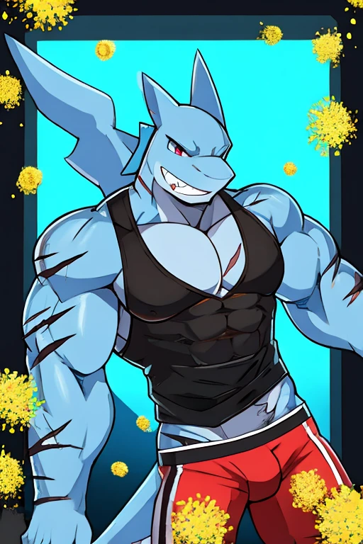 Muscular blue shark, pollen, with scars, black open cut sleeveless shirt, red underwear