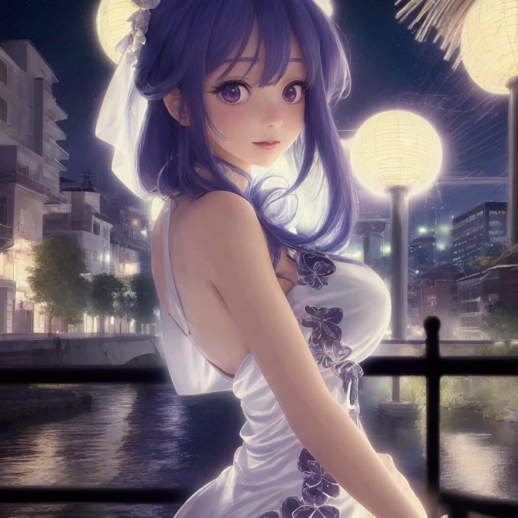 a beautiful anime girl in a white dress standing on a bridge by a river, detailed anime style, 4k, 8k, highres, masterpiece, ultra-detailed, realistic, photorealistic, photo-realistic, HDR, UHD, studio lighting, ultra-fine painting, sharp focus, physically-based rendering, extreme detail description, professional, vivid colors, bokeh, konachan