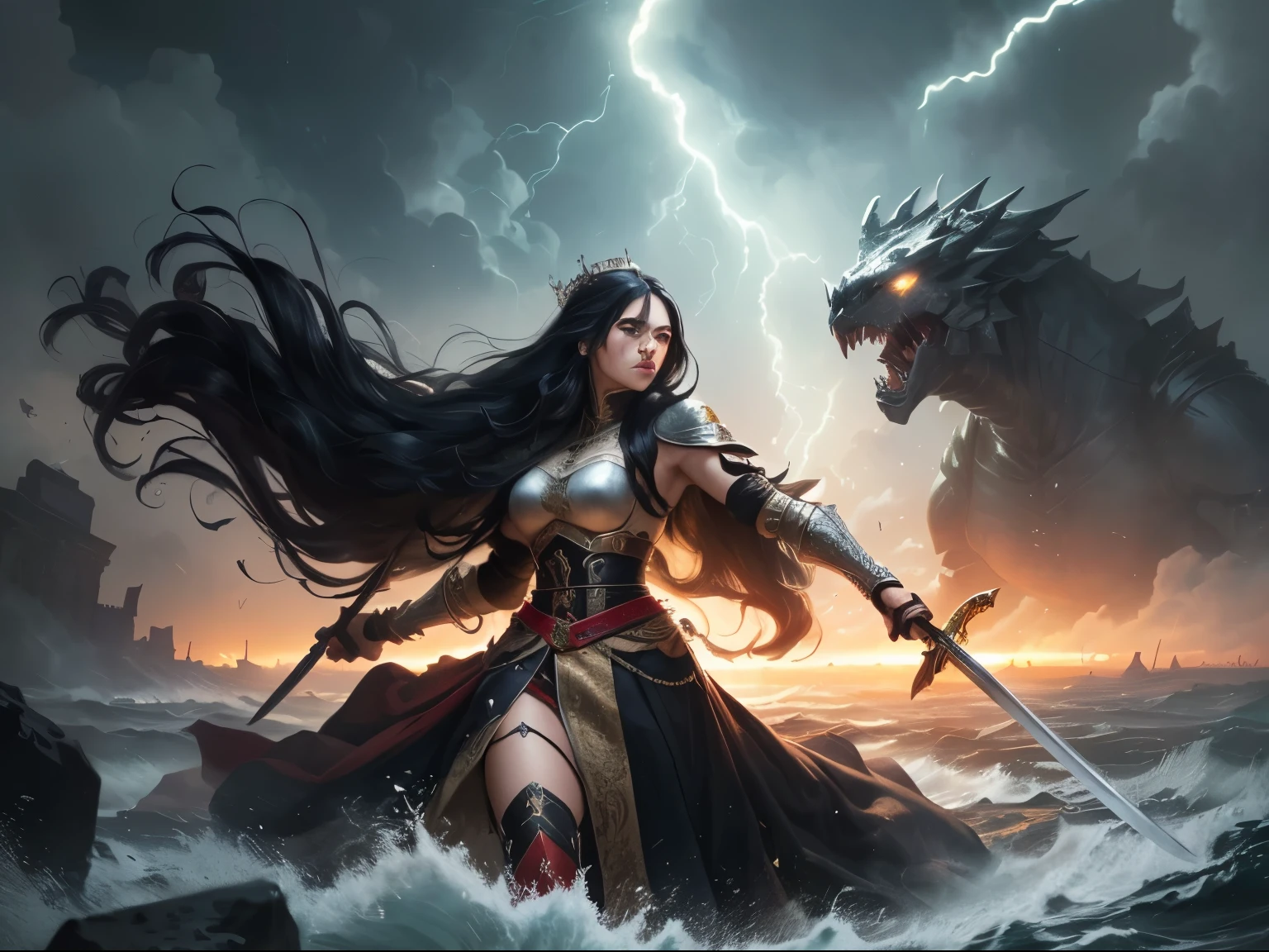 ((best quality)), ((masterpiece)), (detailed), A digital illustration of a furious queen with long black hair holding a sword and fighting off monsters in a stormy background. The women is wearing a queen traditional war attire