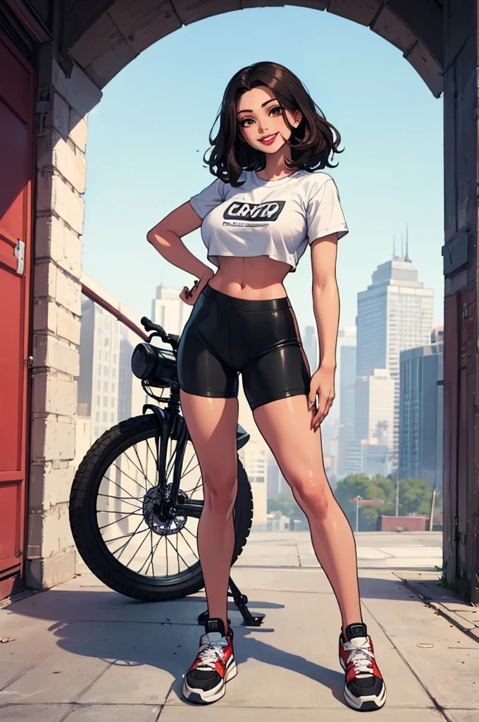 green solid background, 1 woman, best quality, ultra high res, long straight ironed hair, full lips, red lipstick, black hair, brown eyes, filipino, biker shorts, cropped white t-shirt, short sleeves, smiling at viewers, wearing white sneakers, double D breast, standing, full body