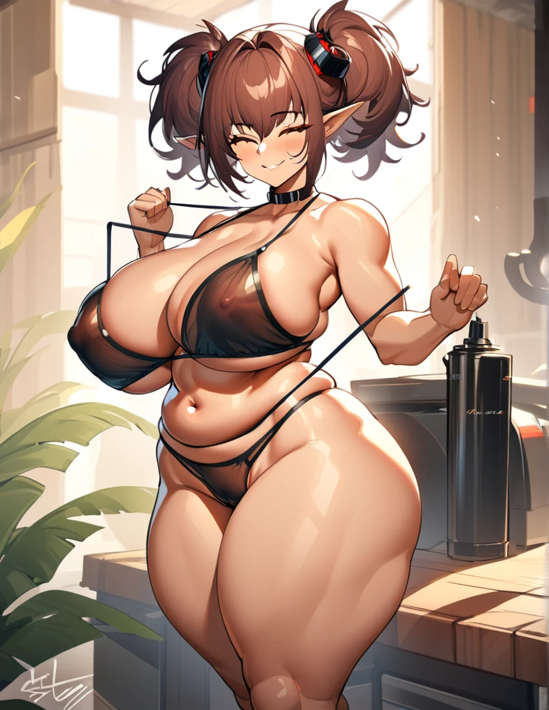 Sideroca(Arknights),brown hair,very curvy body,wears see through bikini,big breast,thick thighs,fat ass,smooth midriffs,eyes closed,smiling faintly,uncensored,very nsfw.