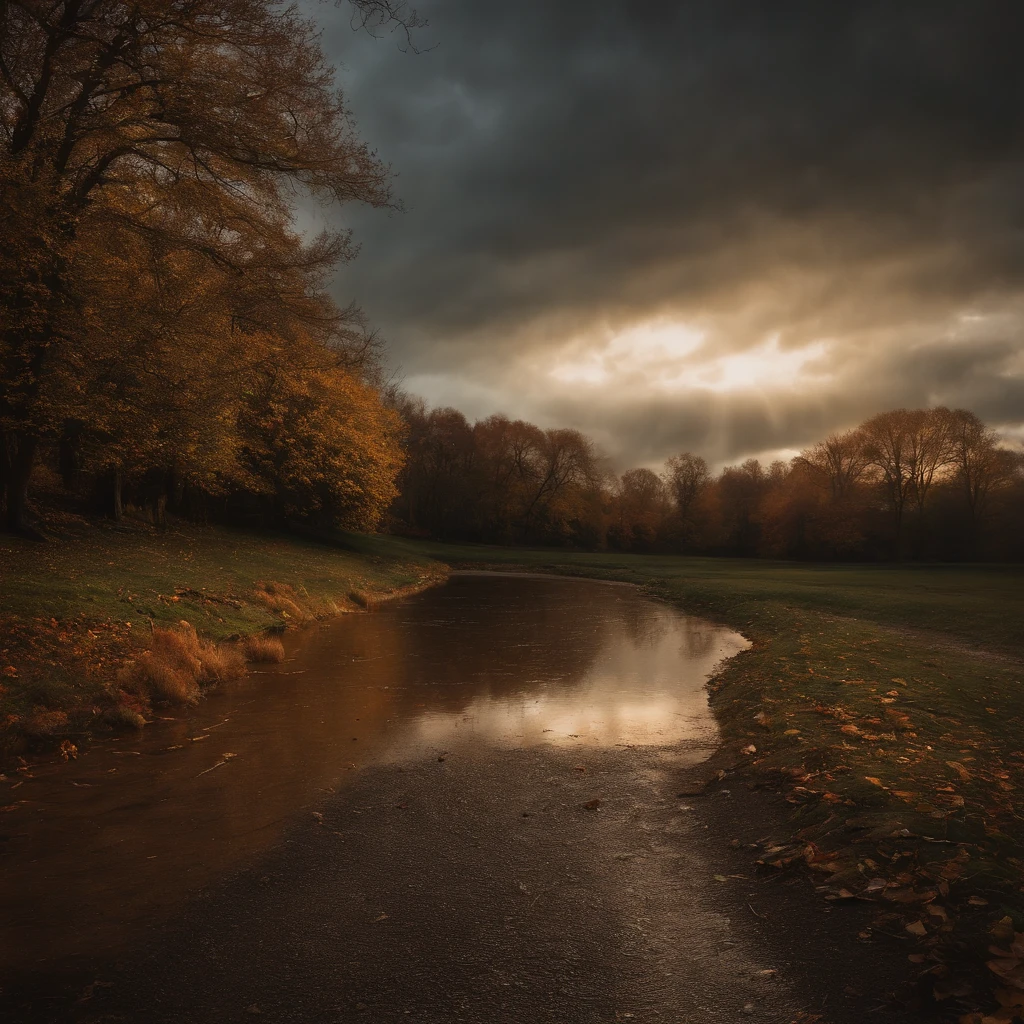 landscape. autumn. trees. Foliage is a little green, more yellow, orange and red. Black cumulus clouds in the sky. gusts of wind, leaves fly from the trees and fall from the ground. Heavy rain. Copper raindrops in the foreground. 
Puddles on the path. 
High quality, detailing. Realism. 